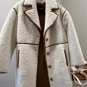 Maje Ivory Shearling-Style Coat with Contrast Trim